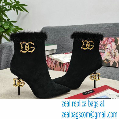 Dolce  &  Gabbana Mink Fur Thin Heel 10.5cm Leather Ankle Boots Suede Black with Baroque DG Heel 2021